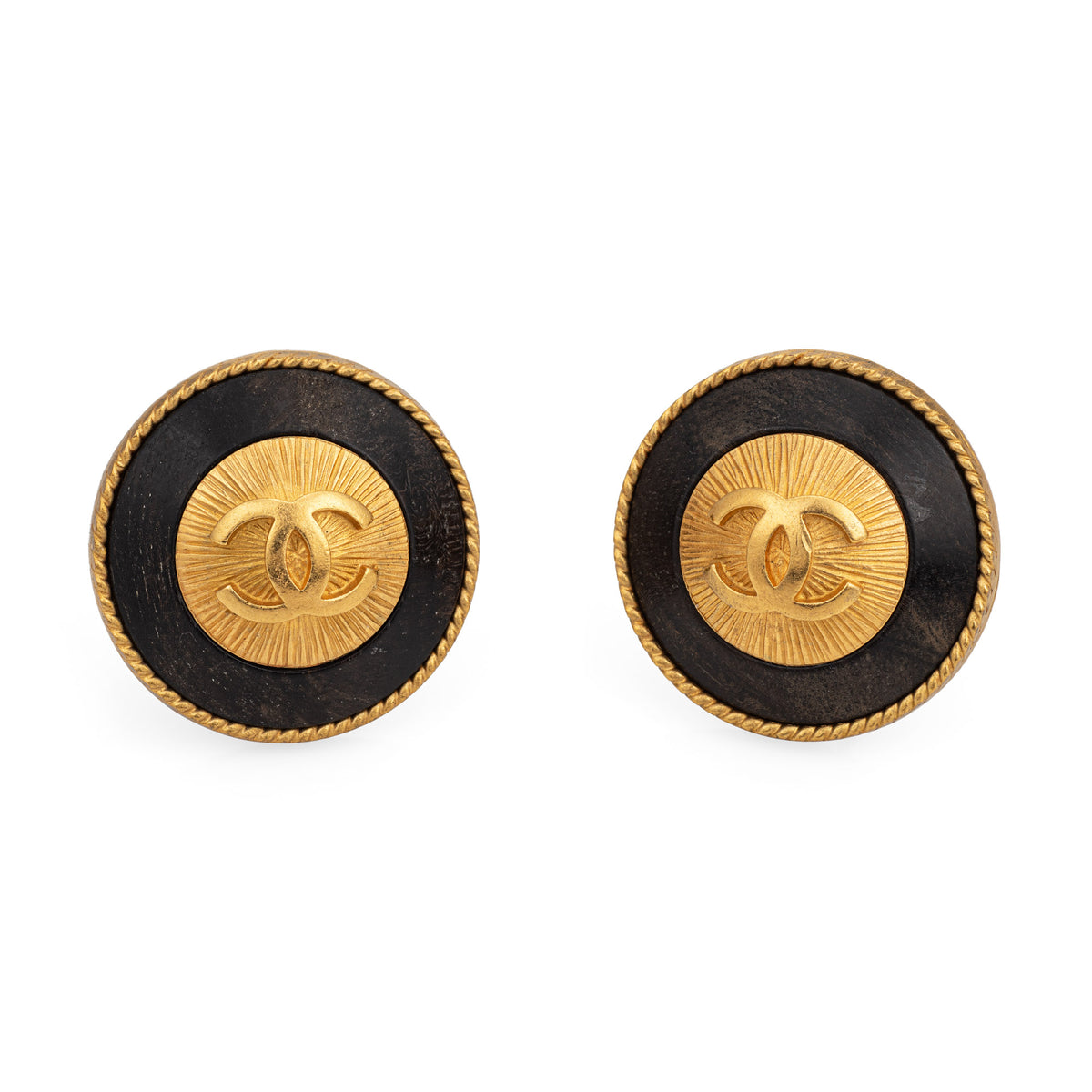 90s Chanel CC Logo Earrings Large Jumbo Round Clip On Yellow Tone
