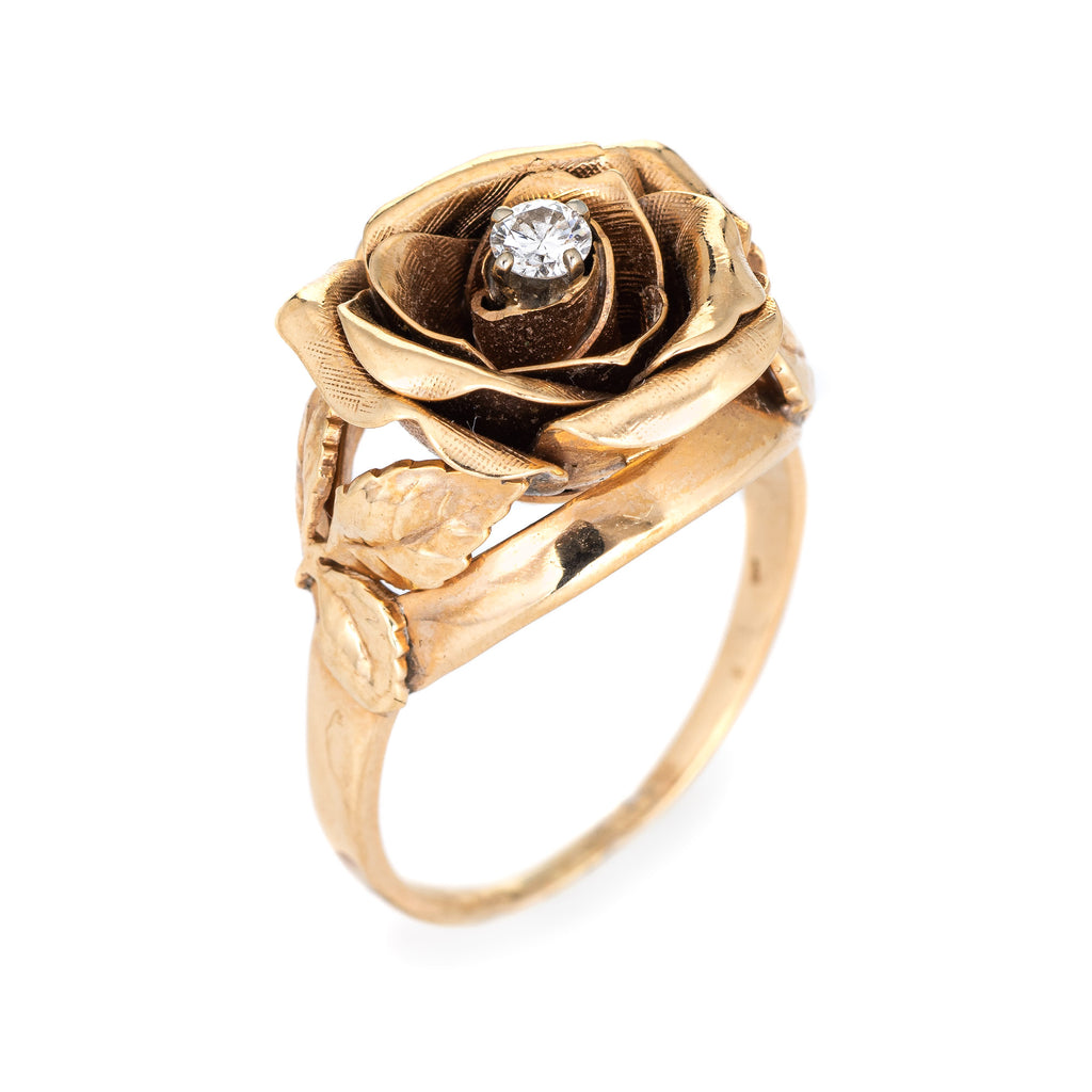 Vintage Diamond Rose Ring 14k Yellow Gold Sz 7 Flower Cocktail Fine Jewelry