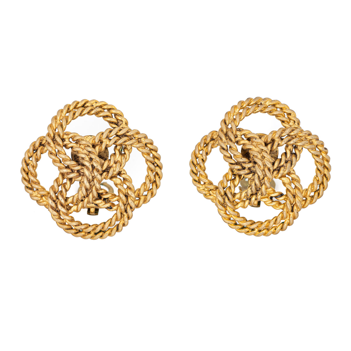 70s Chanel Large Earrings Quatrefoil Round Rope Link Clip On Yellow Gold  Tone