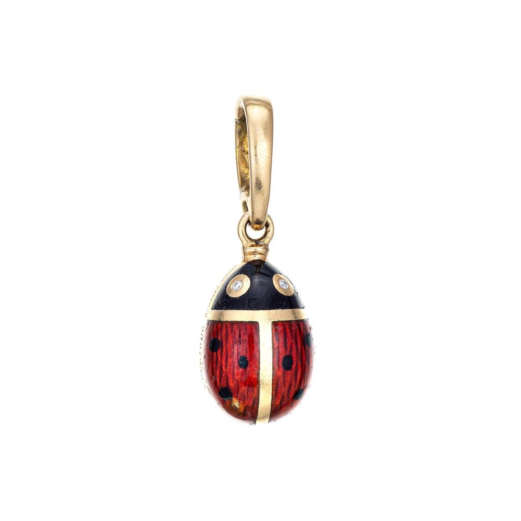 Fabergé Ladybug Egg Pendant 18k Gold Charm Red Enamel Diamond Eyes