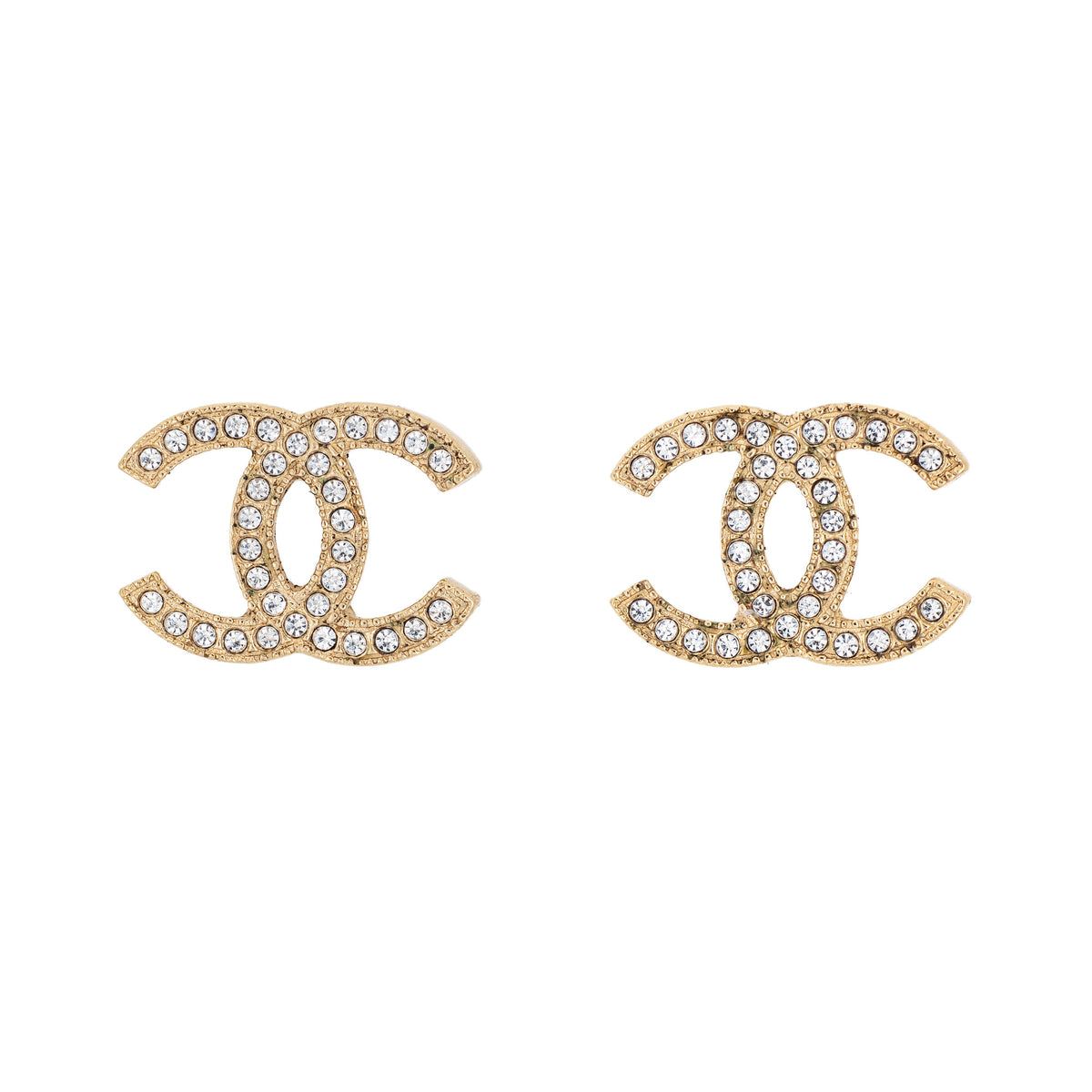 2014 Chanel CC Logo Crystal Earrings Studs Yellow Gold Tone