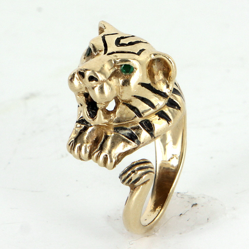 Bengal Tiger Ring Vintage 14k Yellow Gold Black Enamel Estate
