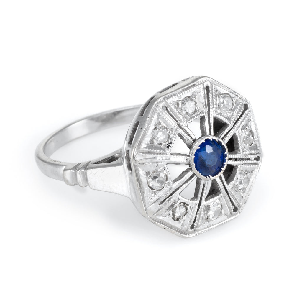 Antique Art Deco Hexagonal Diamond Sapphire Ring