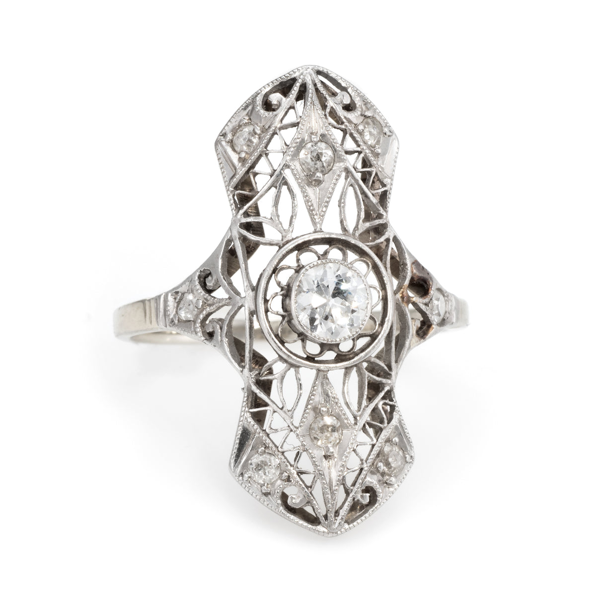 Antique Deco Diamond Filigree Ring Vintage 14k White Gold Estate