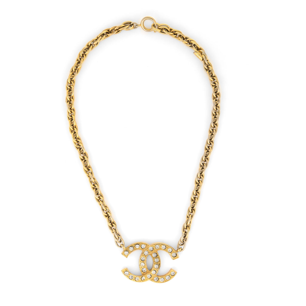 Vintage Chanel Necklace Double Sided CC Logo Faux Crystal Yellow Gold –  Sophie Jane