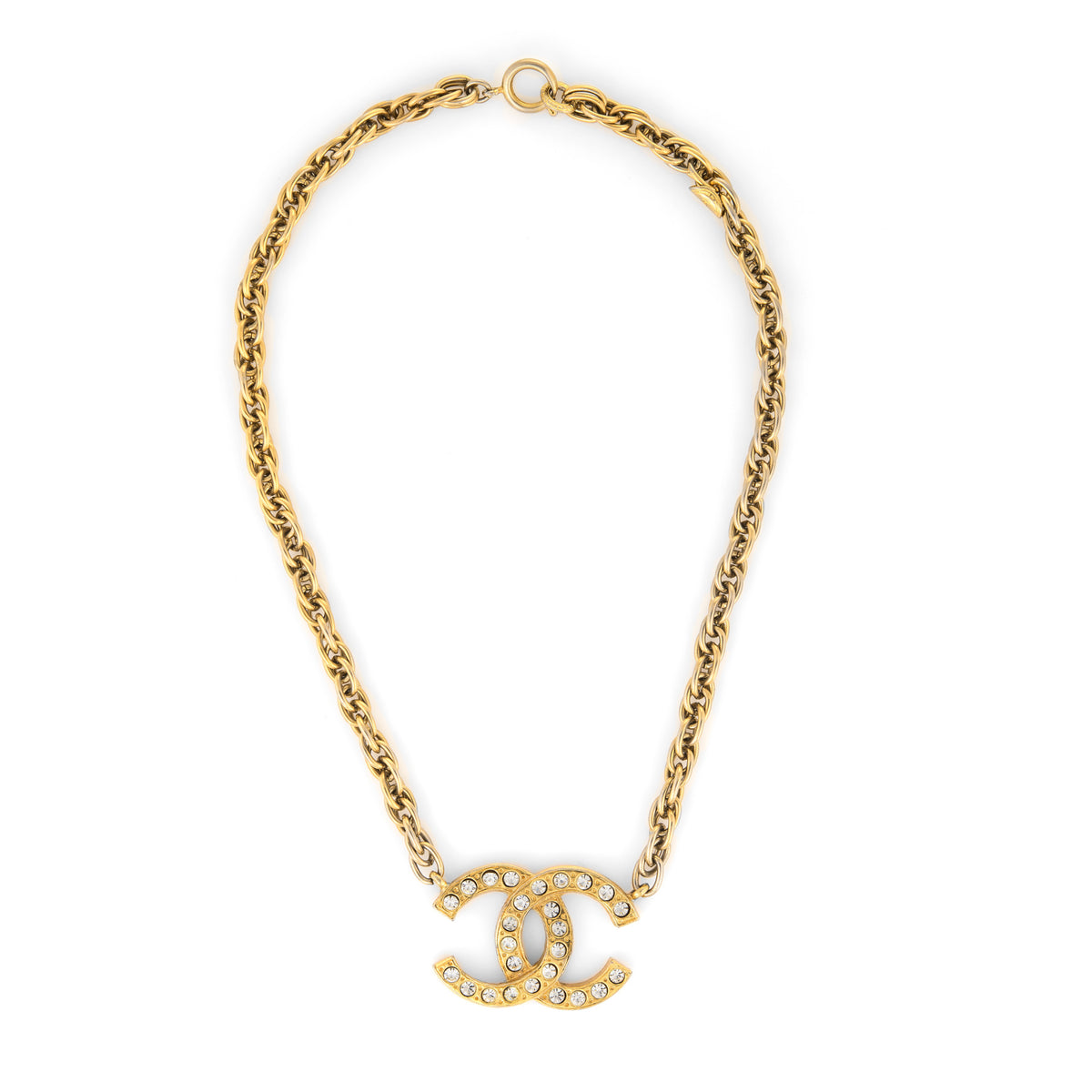 Vintage Chanel Gold Plated Crystal CC Charm Necklace