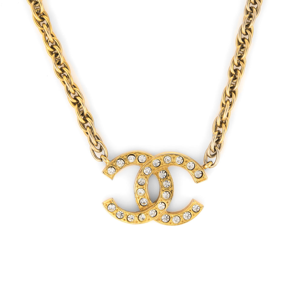 Vintage Chanel Necklace Double Sided CC Logo Faux Crystal Yellow Gold Tone