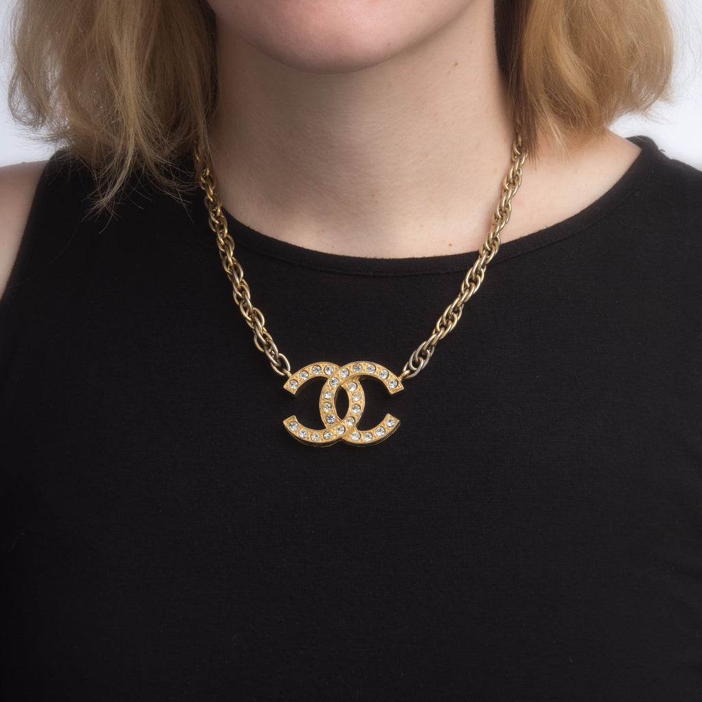 Vintage Chanel Necklace Double Sided CC Logo Faux Crystal Yellow Gold Tone