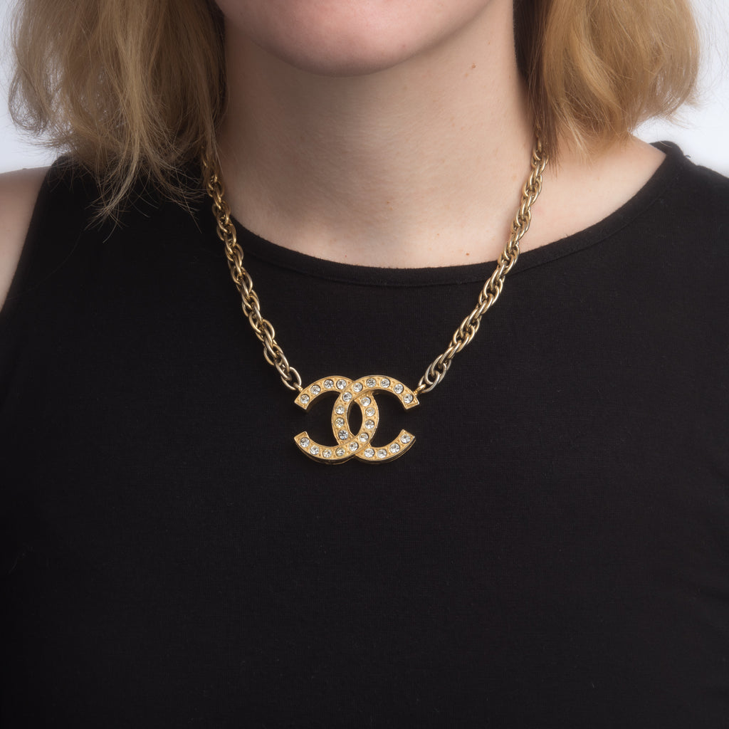 Vintage Chanel Necklace Double Sided CC Logo Faux Crystal Yellow Gold –  Sophie Jane