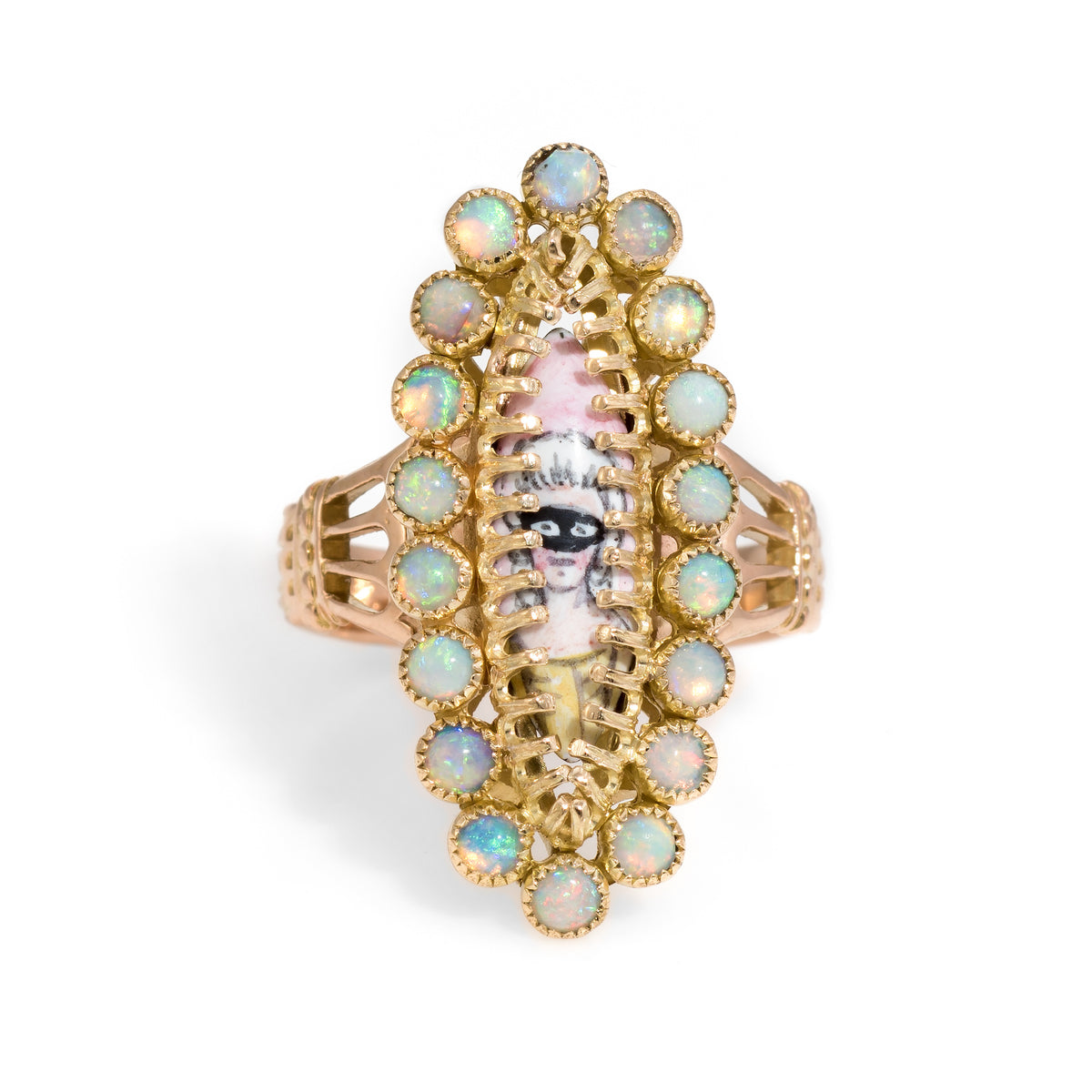French Masquerade Ball Ring Opal Painted Face Portrait Vintage 18k Yel ...