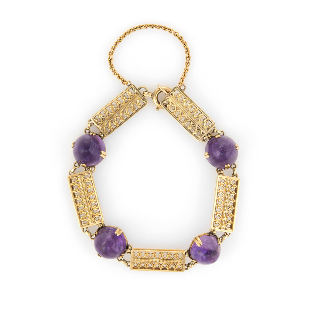 Vintage Art Deco Sugarloaf Amethyst Bracelet 14k Yellow Gold Trefoil Antique 7