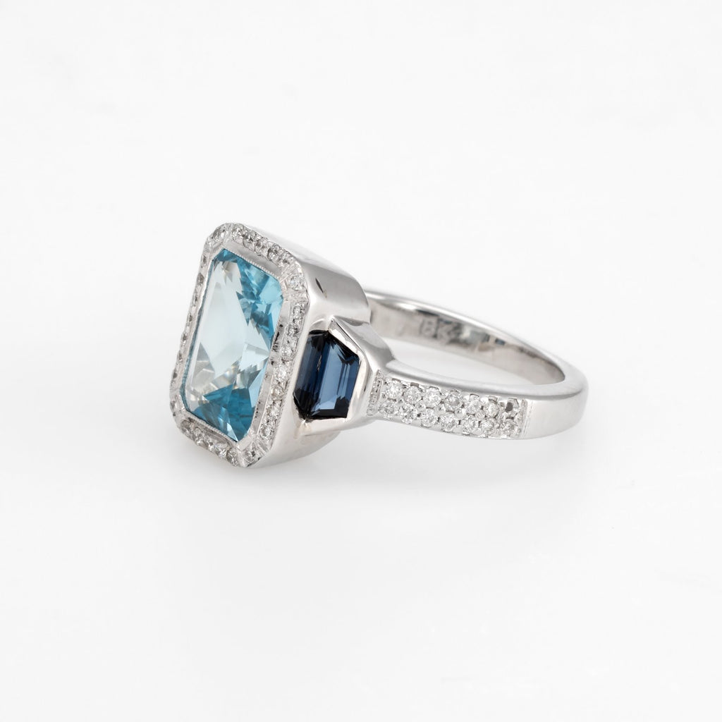 Blue Topaz Sapphire Diamond Ring Estate 18k Gold Alternative Engagemen ...