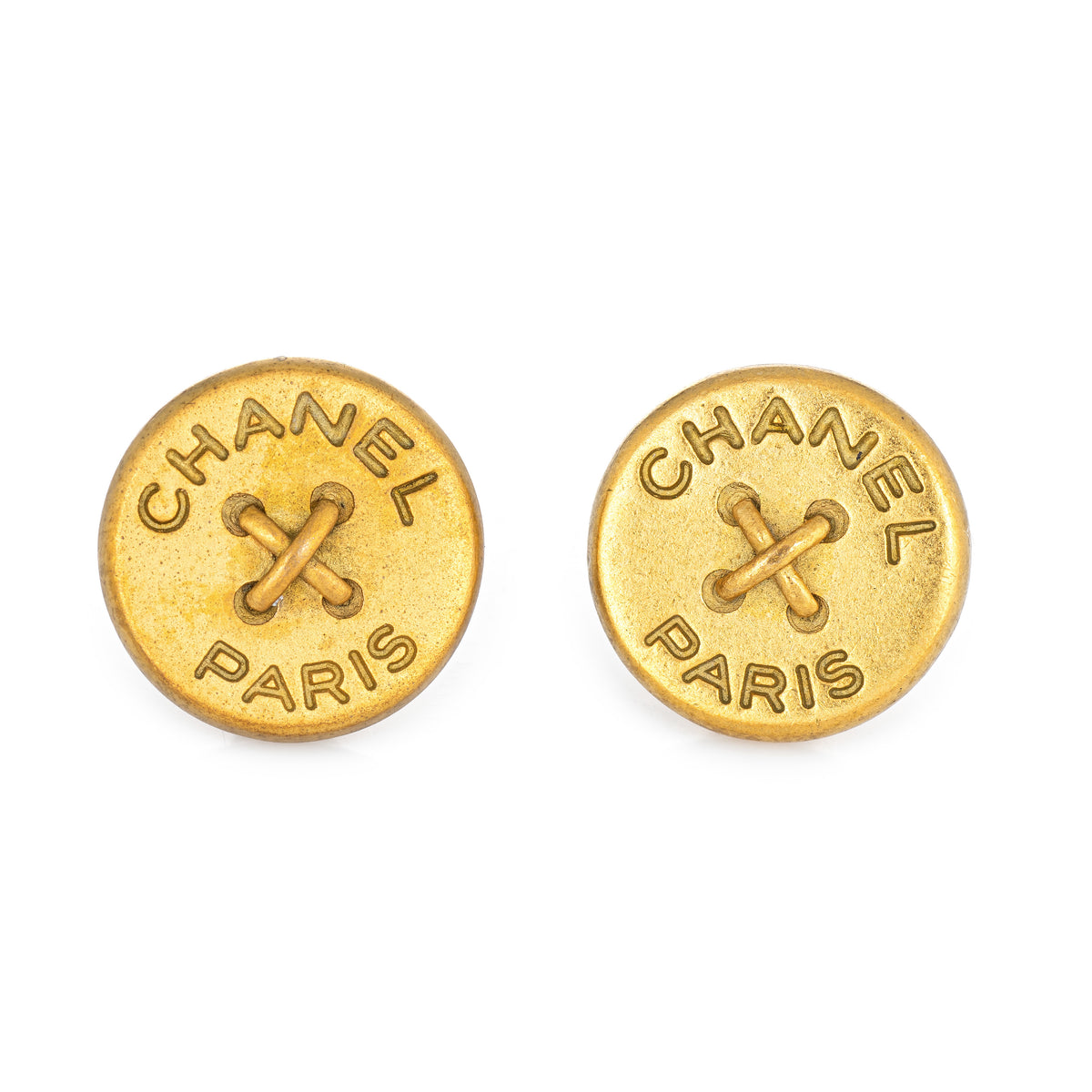 Chanel Paris Button Earrings Circa 1994 Yellow Gold Tone Round