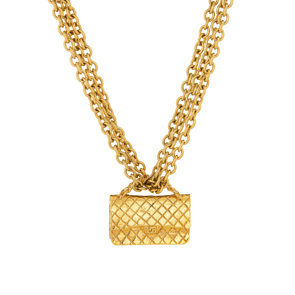 Vintage Chanel 2.55 Handbag Necklace Circa 1980s Triple Strand Yellow Gold  Tone