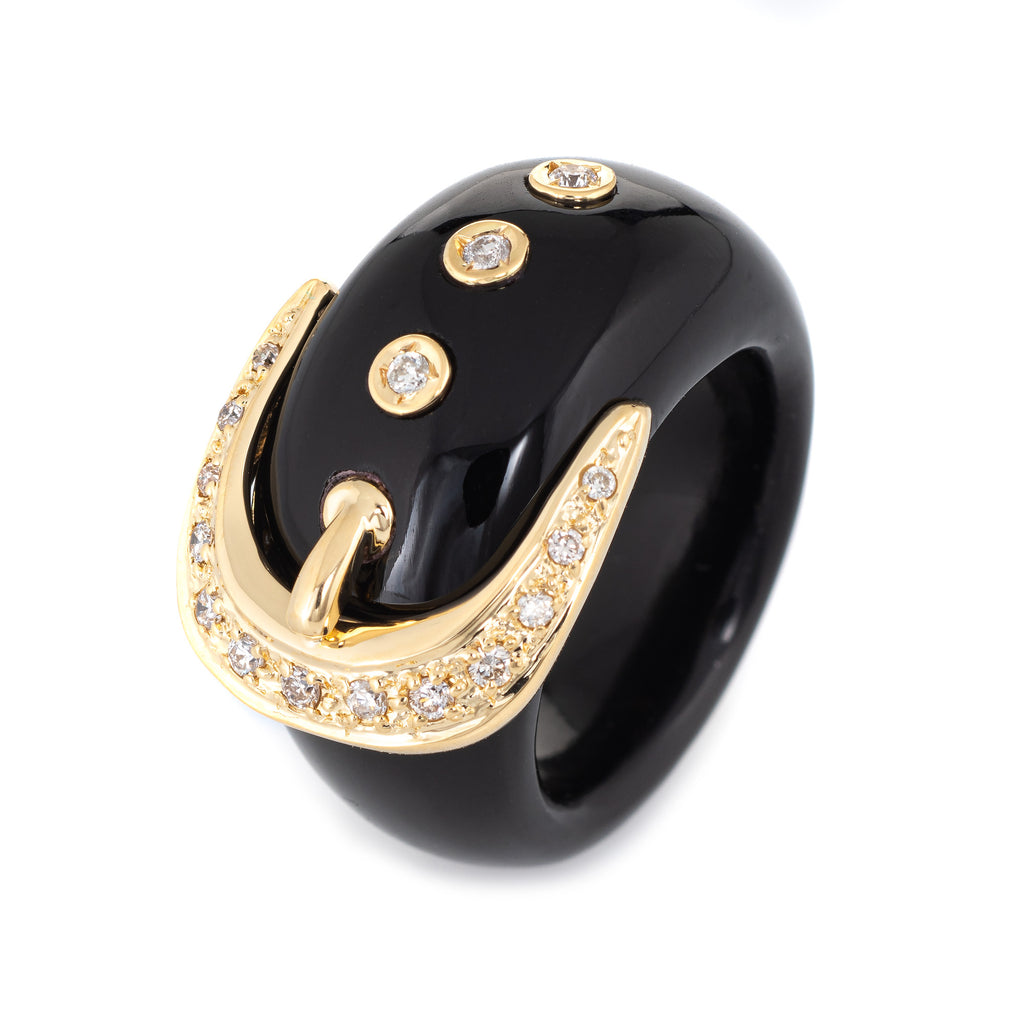 Diamond Buckle Ring Sz 5 Black Resin Wide Band Estate Fine Vintage