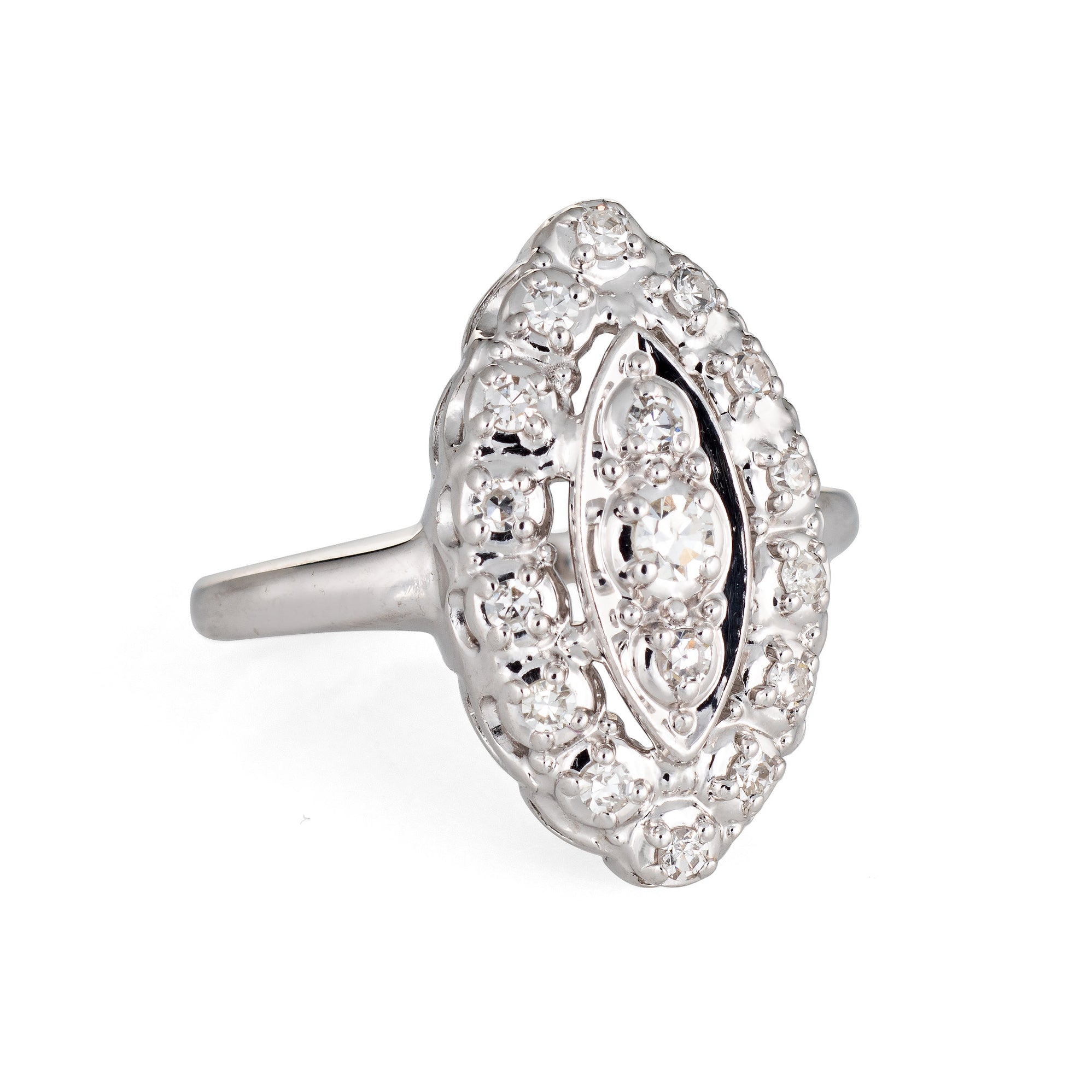 Diamond Navette Ring Vintage 14k White Gold Small Cocktail Jewelry Est