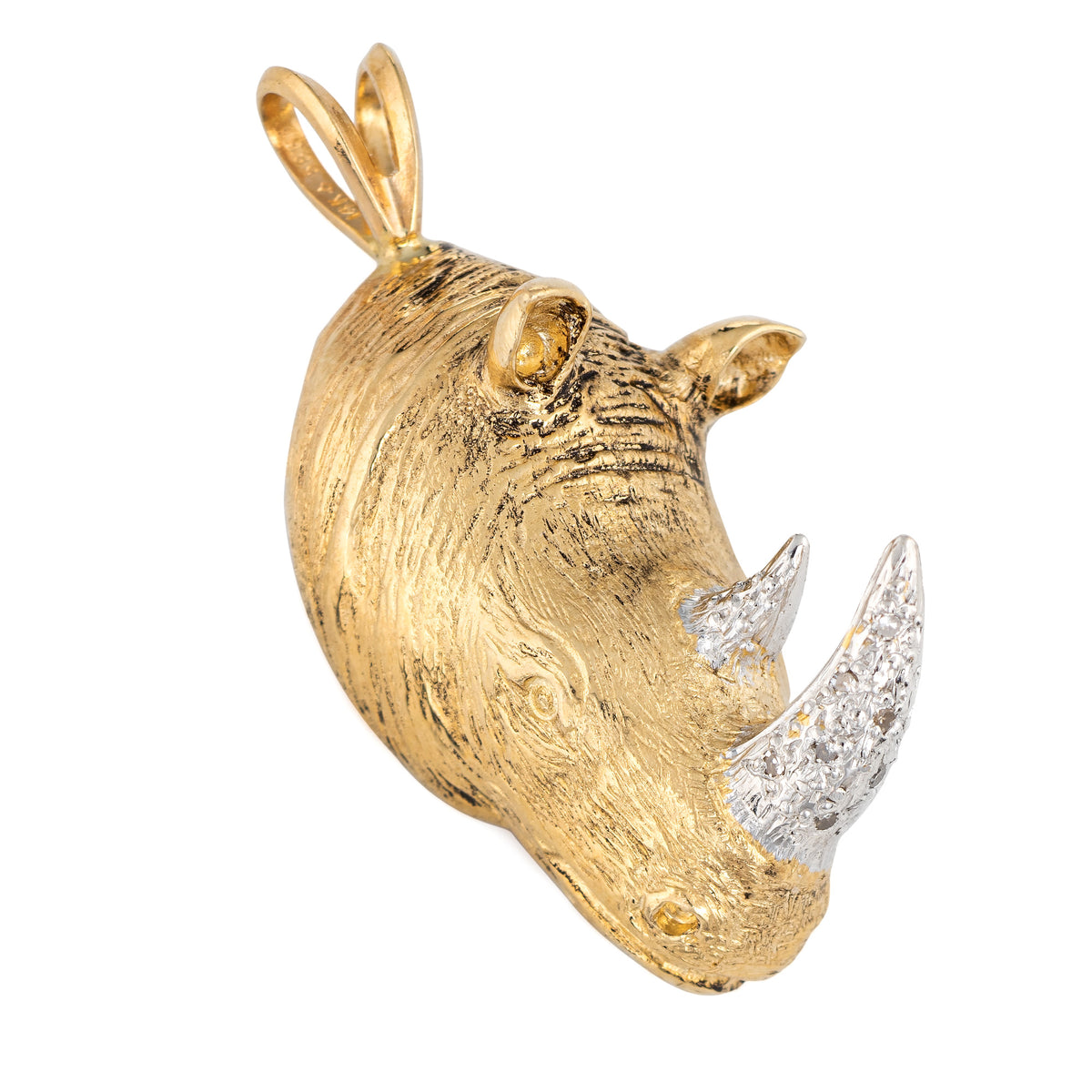 Rhinoceros Pendant Diamond Tusk Vintage 14k Yellow Gold Rhino